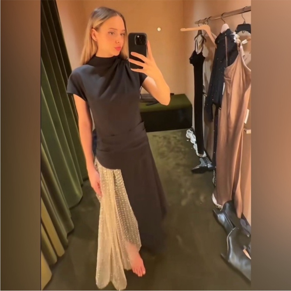 STAUD Effie Drape Mock Neck Asymmetric Maxi Dress